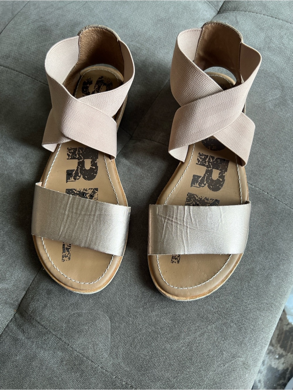 Sorel Neutral Cross-Strap Sandals in Blush and Metallic